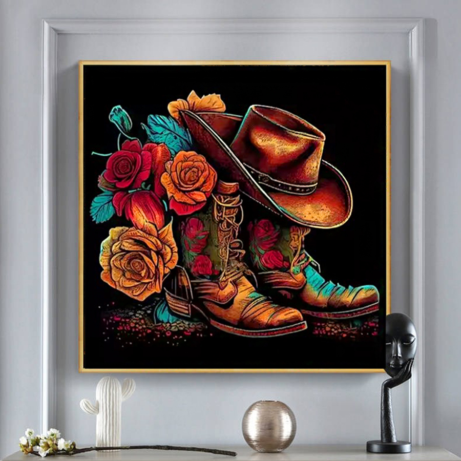 Resin Art With Rose - Cowboyhut Stiefel Diamant Malerei Kits Home